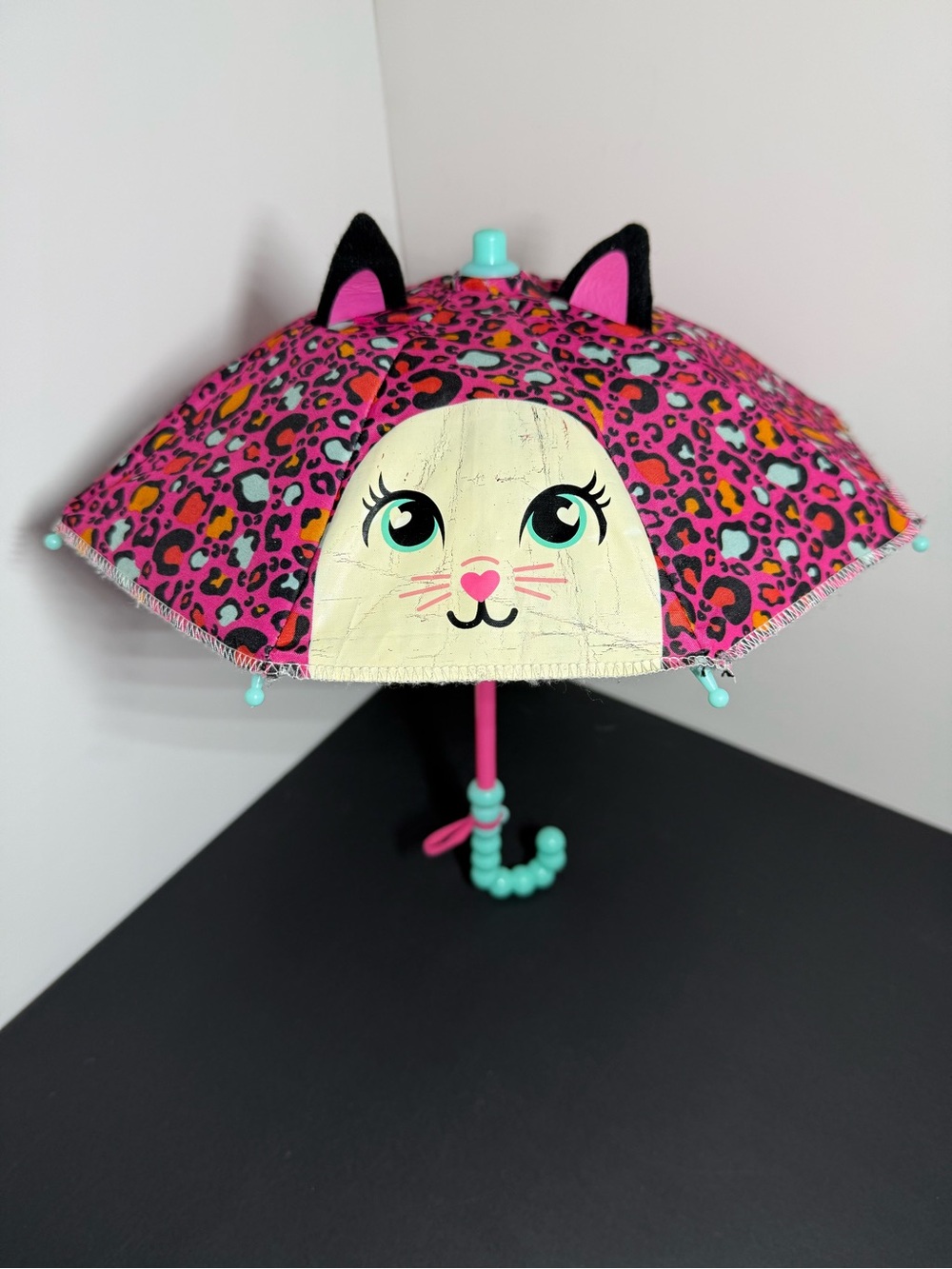 Mini Doll Umbrella Pink Leopard Cat Design 11.5”